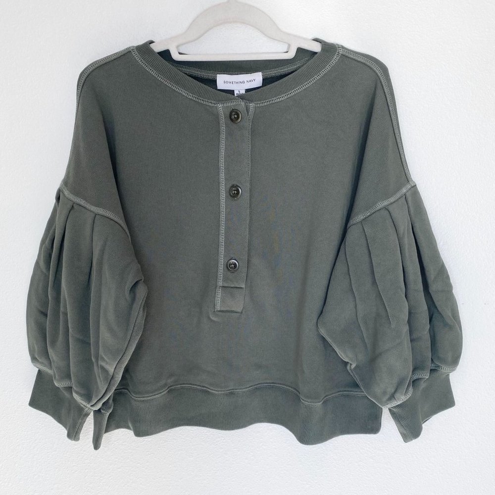 NEW Something Navy Greta Henley Olive Cropped Sweatshirt